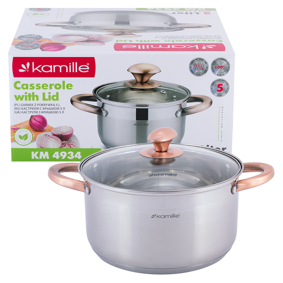 

Кастрюля с крышкой Kamille из нержавеющей стали и полыми ручками для индукции и газа 5 л KM-4934