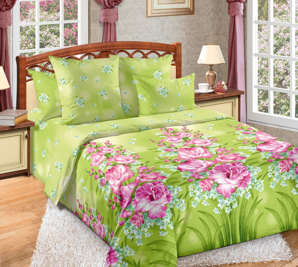 

Комплект постельного белья Комфорт-текстиль перкаль двуспальный с простынью на резинке Медея