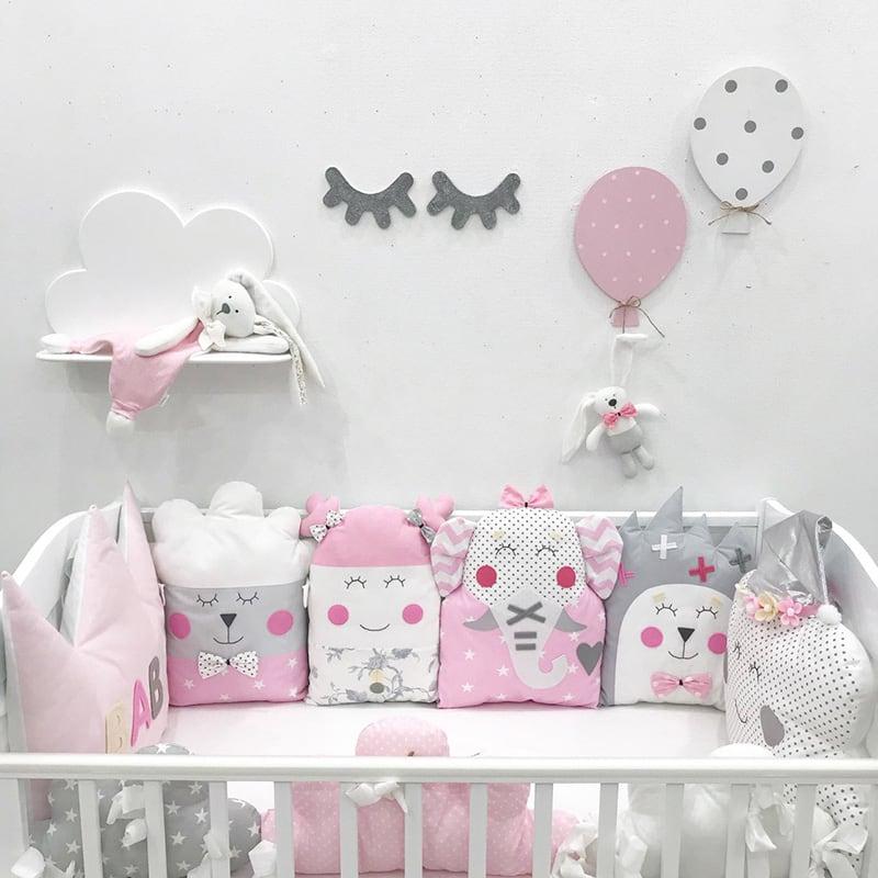

Бортики игрушки в кроватку "Тойсики" BabyKomfort на 4 стороны Сказка серо розовый