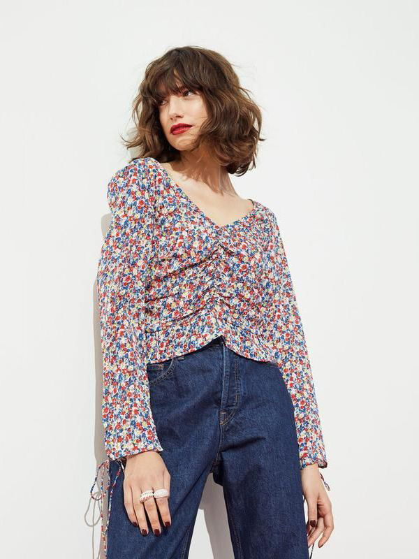 Акція на Блузка жіноча H&M 061038545_flowers 2XL Червона/Синя/Жовта від Rozetka