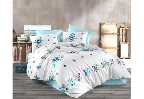 

Комплект постельного белья Majoli Hippi 200x220 Бело-бирюзовый