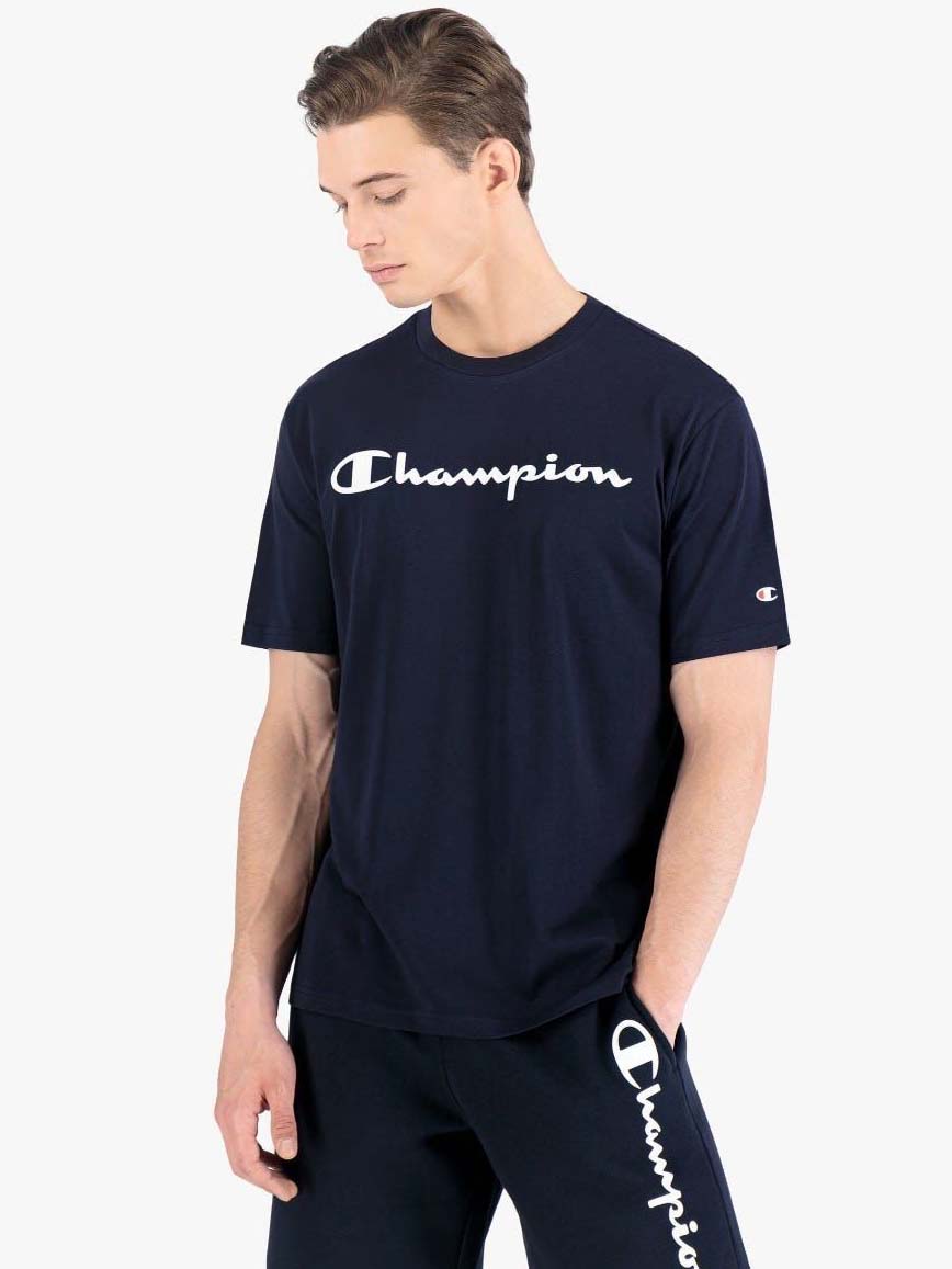 Акція на Футболка бавовняна довга чоловіча Champion 214747-BS501 2XL Темно-синя від Rozetka