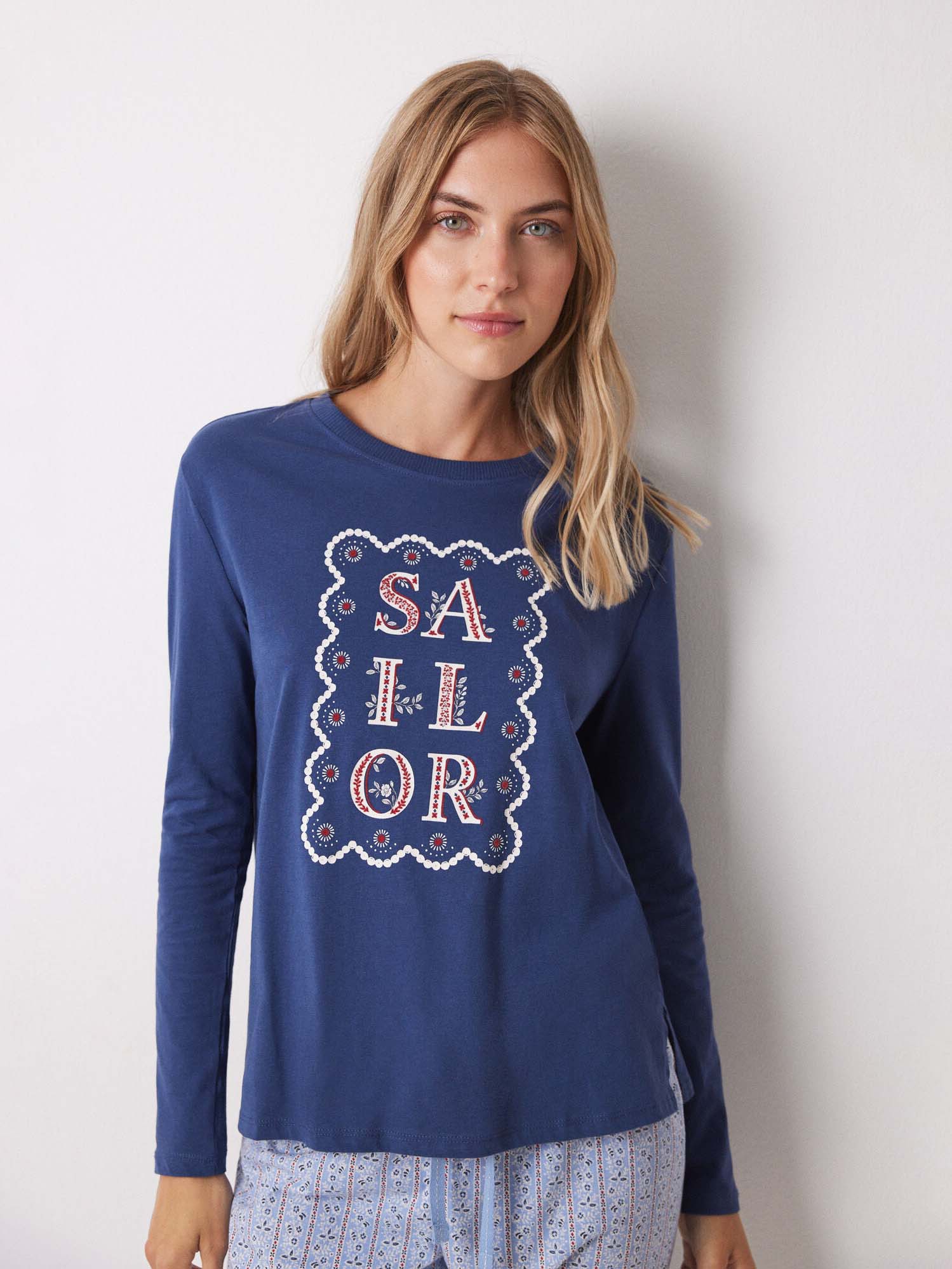 Акція на Піжамний лонгслів жіночий бавовняний Women'Secret Mmh Sailor Tee 3278415 S Синій від Rozetka