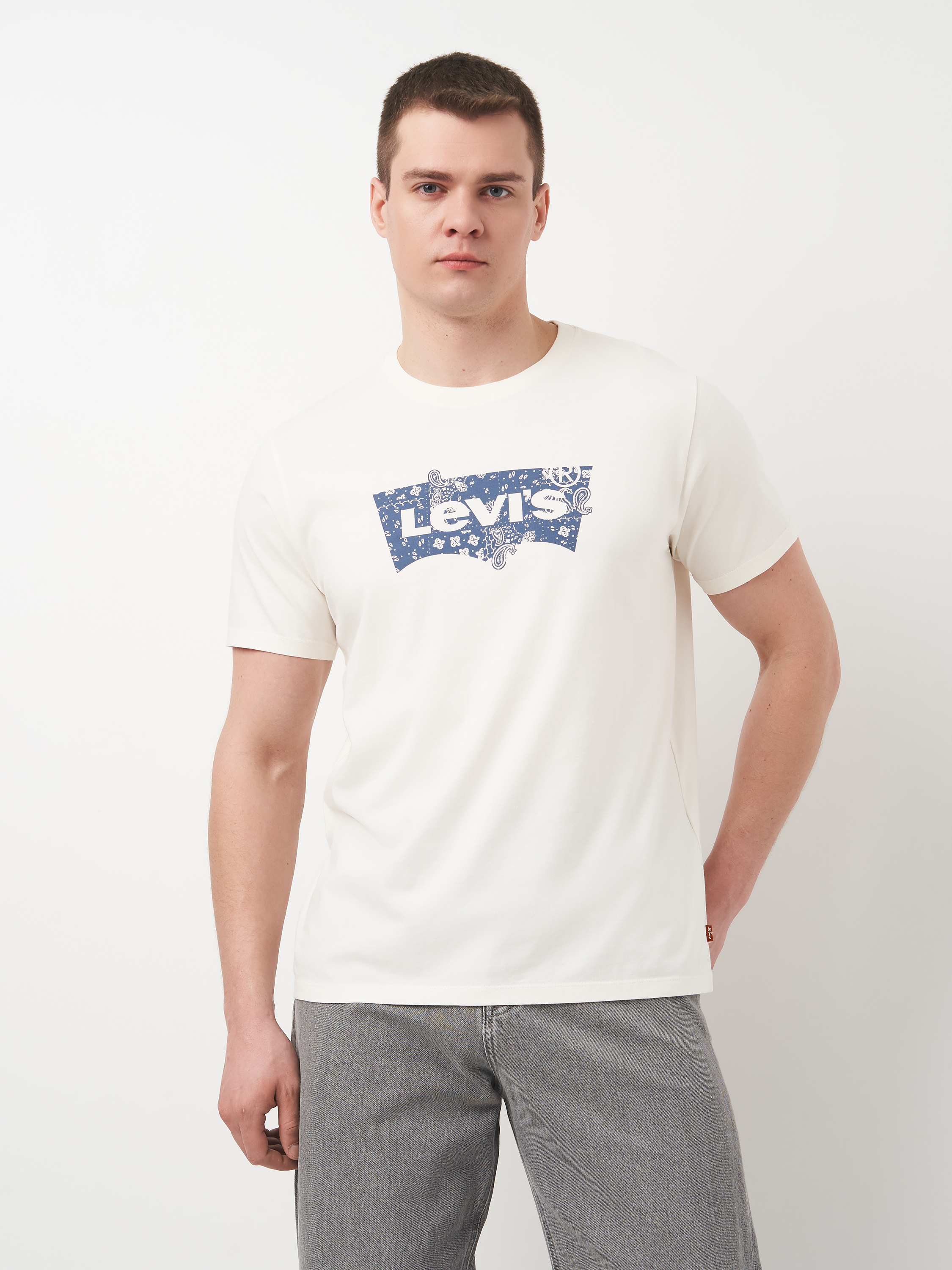 Акція на Футболка бавовняна довга чоловіча Levi's 22491-1654 S Біла з принтом від Rozetka