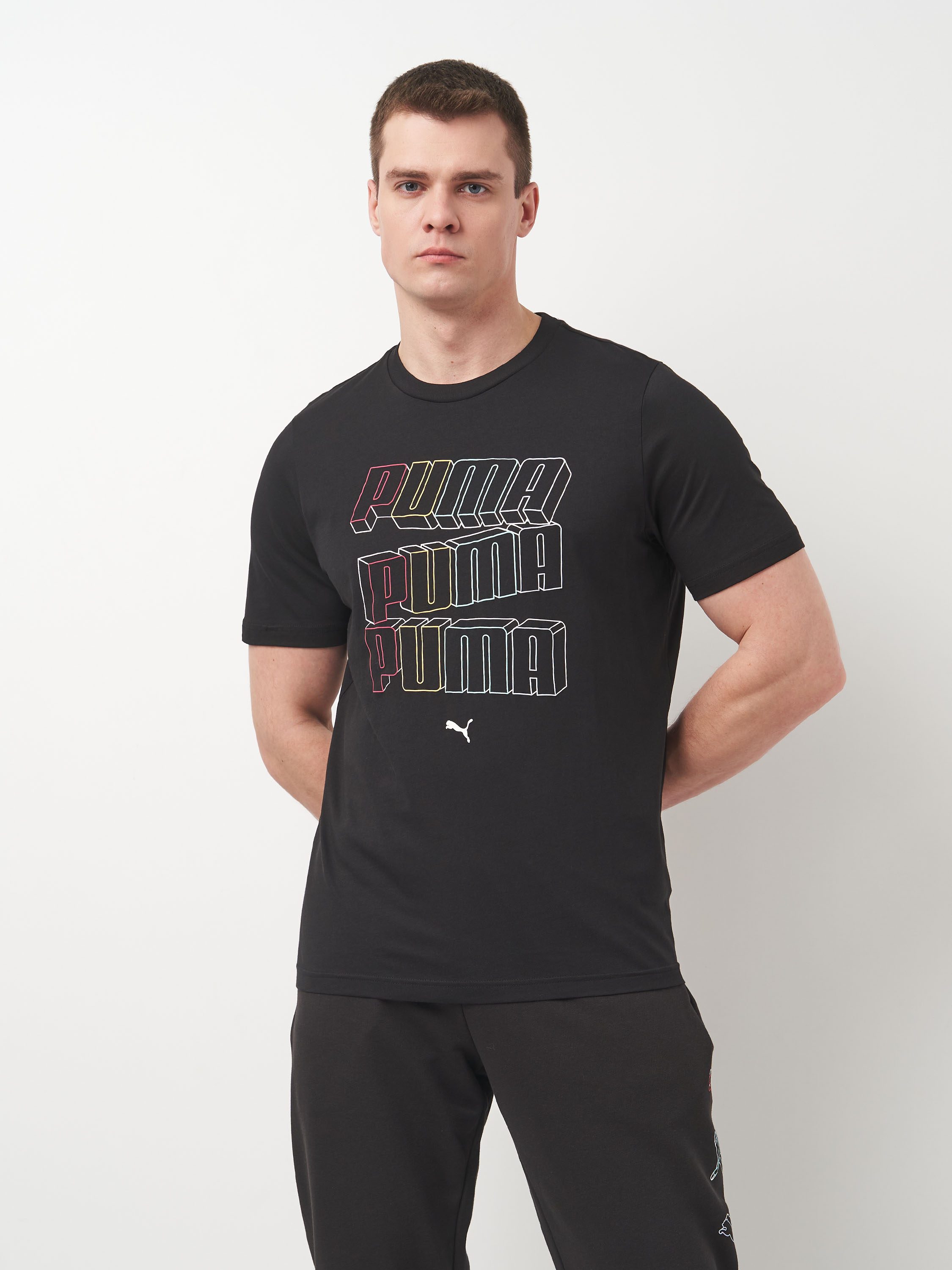 Акція на Футболка бавовняна довга чоловіча Puma Ess Logo Lab Hog Tee 68466401 XL Black з принтом від Rozetka