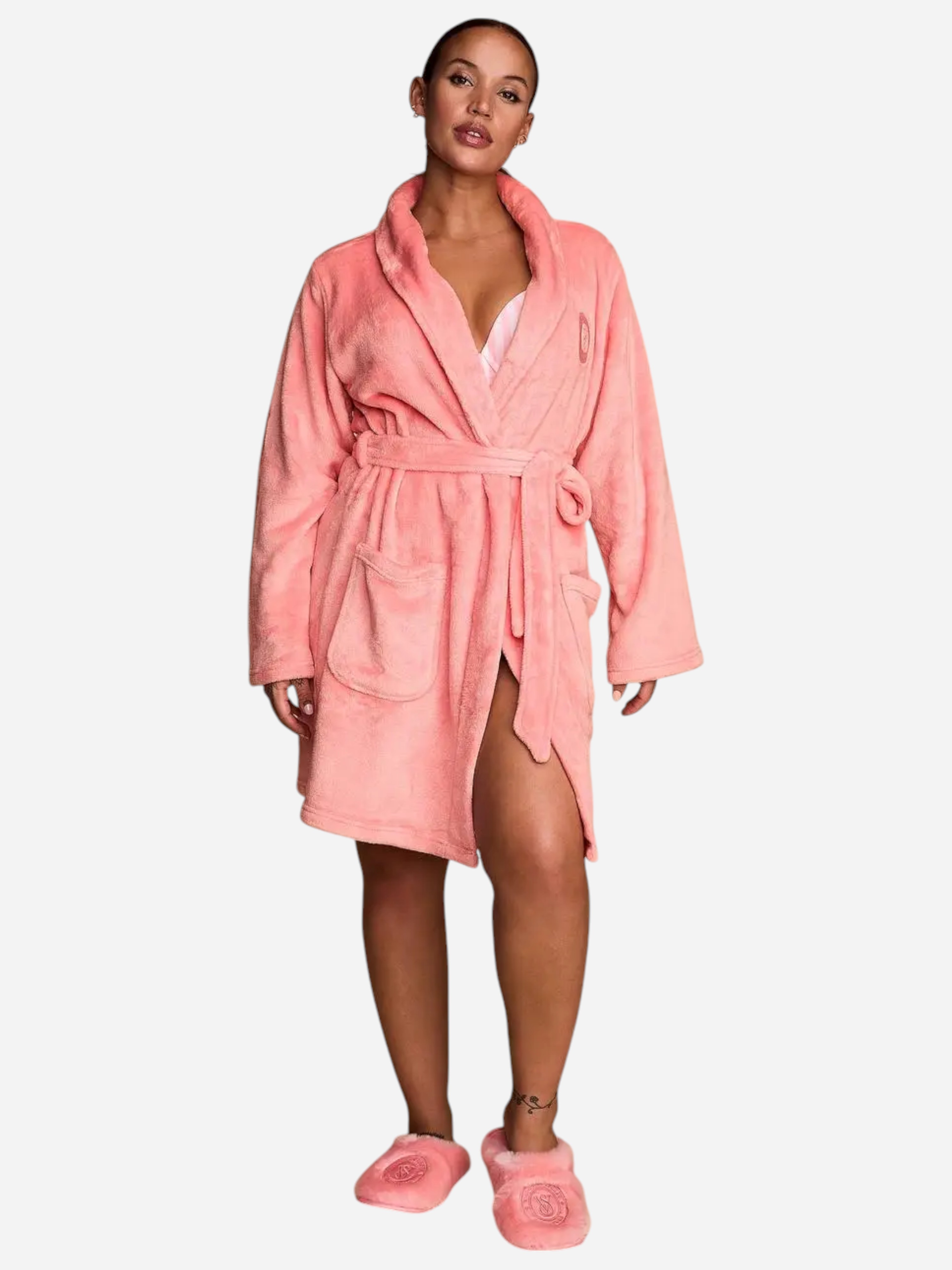 Акція на Комплект халат жіночий теплий + домашні капці Victoria's Secret 26932142 XL-2XL/39-40 Персиковий від Rozetka