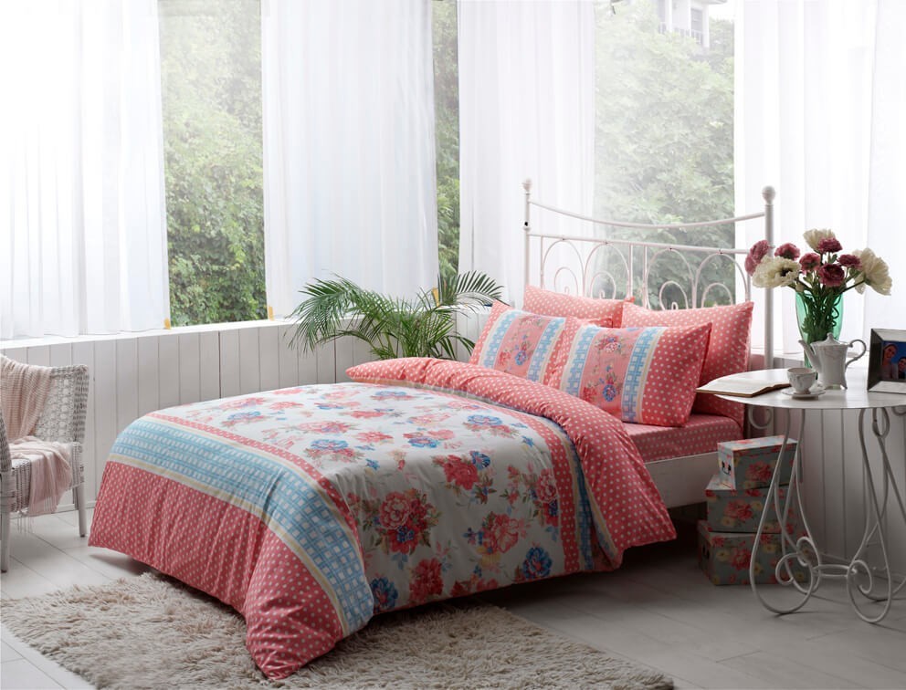 

Двуспальный King Size комплект TAC Emma Pink Ранфорс розово-голубой с белым цвет и с принтом