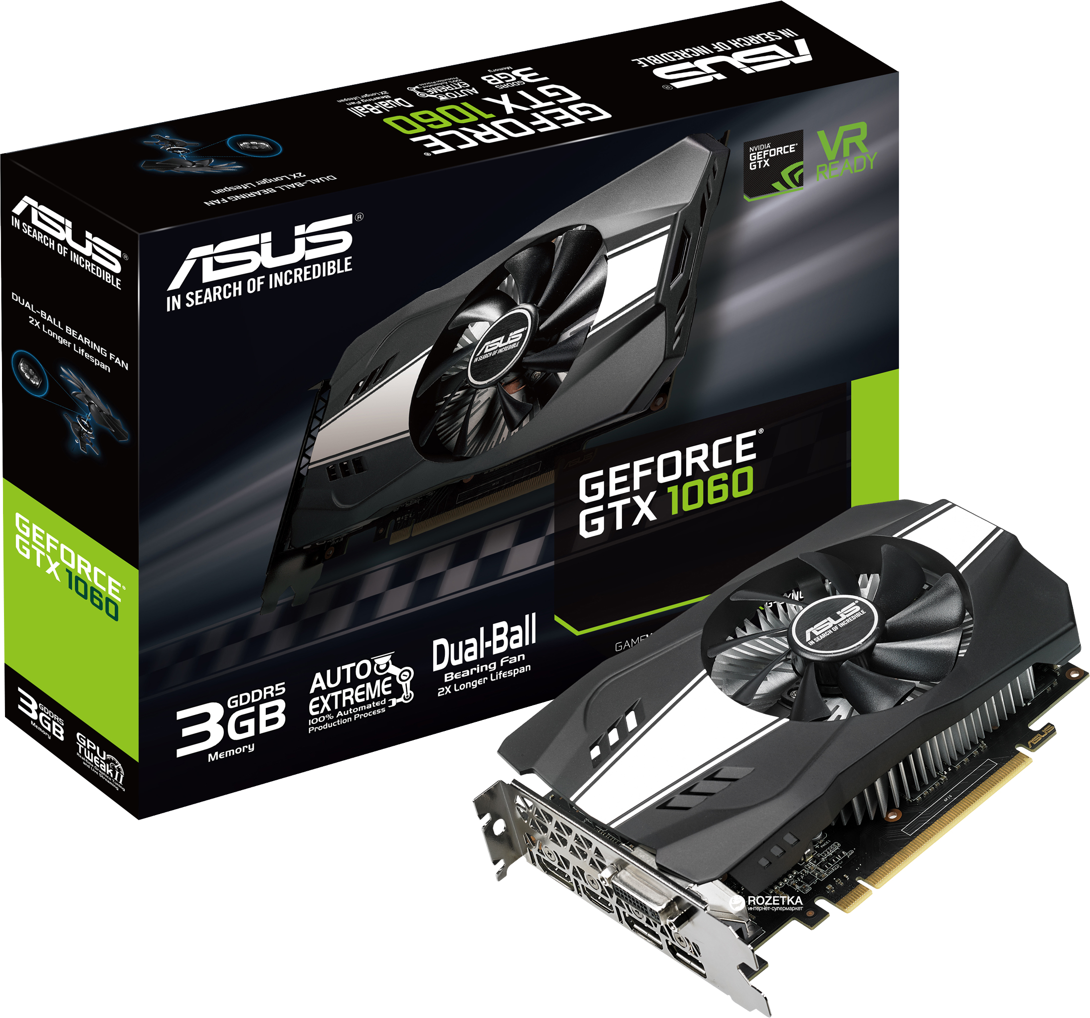 Видеокарта Asus PCI-Ex GeForce GTX 1060 Phoenix 3GB GDDR5 (192bit)  (1506/8008) (DVI, 2 x HDMI, 2 x DisplayPort) (PH-GTX1060-3G) – фото,  отзывы, характеристики в интернет-магазине ROZETKA | Купить в Украине:  Киеве, Харькове,