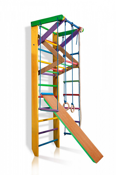 

Детская шведская стенка - цветной спортивный уголок: кольца, канат, турник-рукоход, лестница 80х220 см Ю3-220