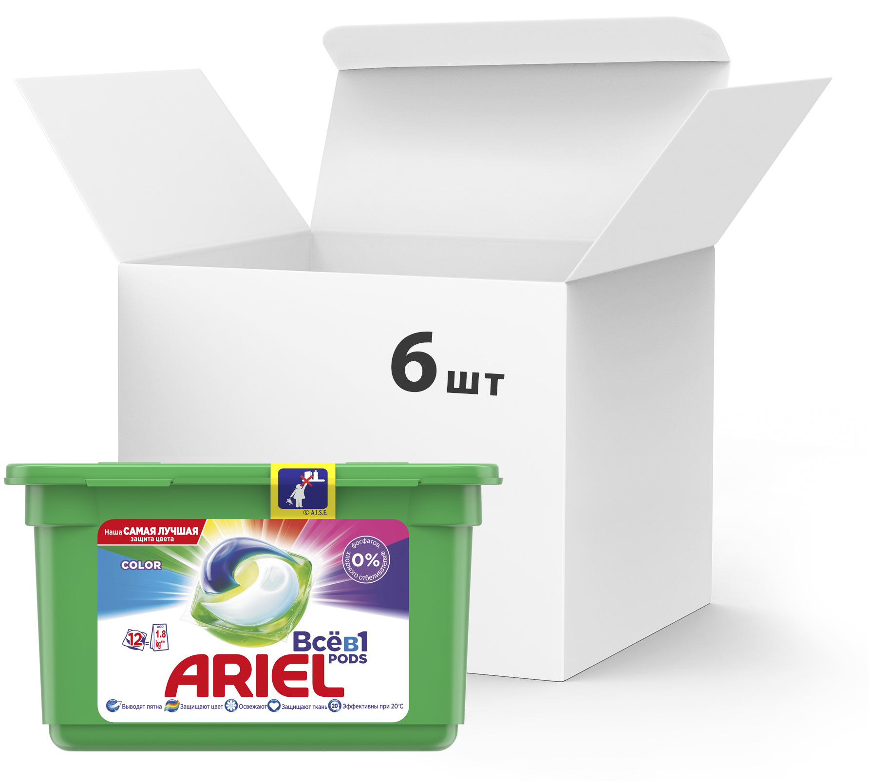 Упаковка капсул для стирки Ariel Pods Все в 1 Color 12 шт x 6 ...