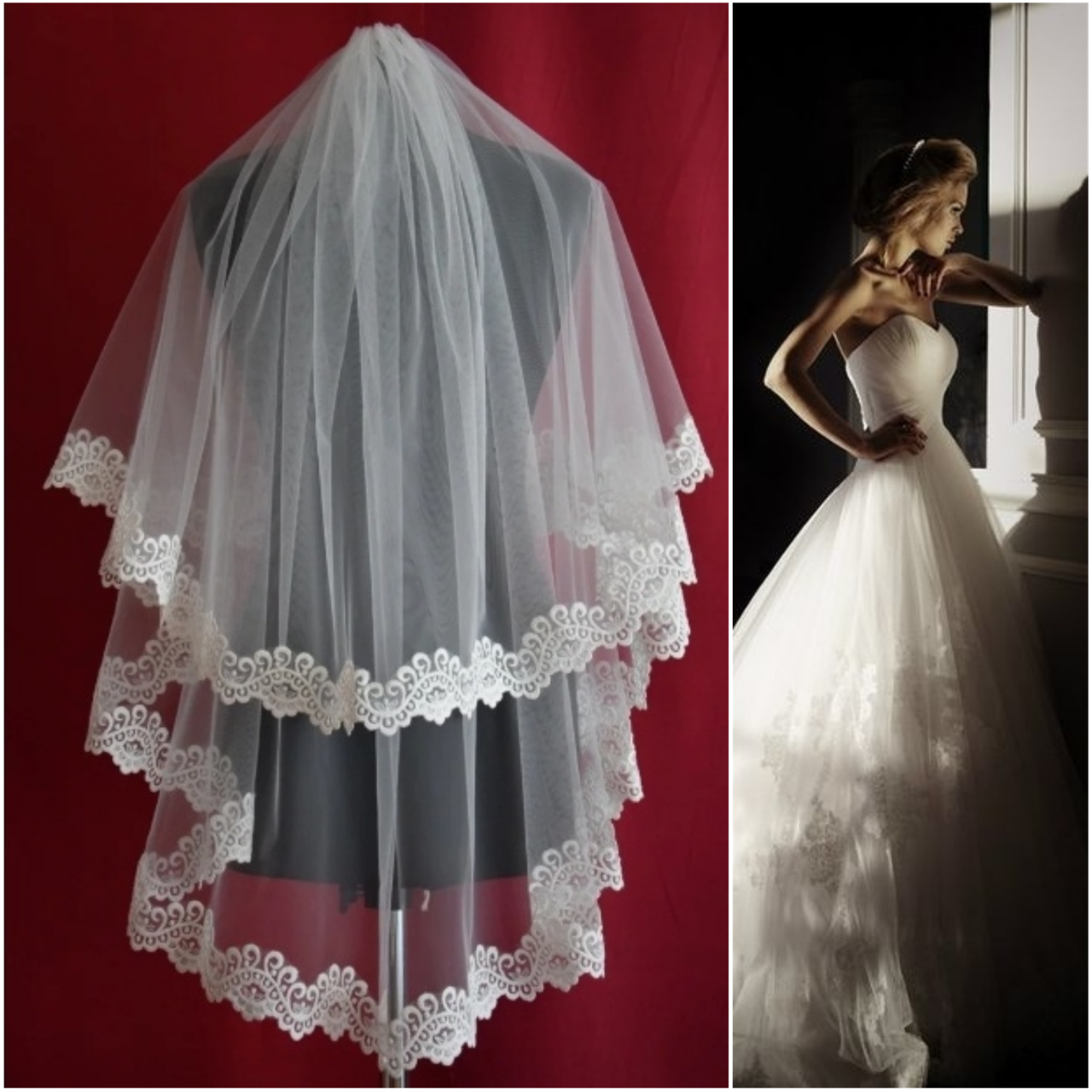 

До кончиков пальцев двухъярусная свадебная Фата с тонким кружевом SF для Невесты белая (sf-180)