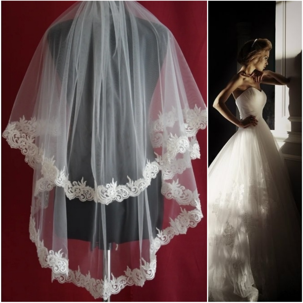 

Двухъярусная свадебная Фата кружево расшито бисером и пайетками SF для Невесты белая (sf-138)