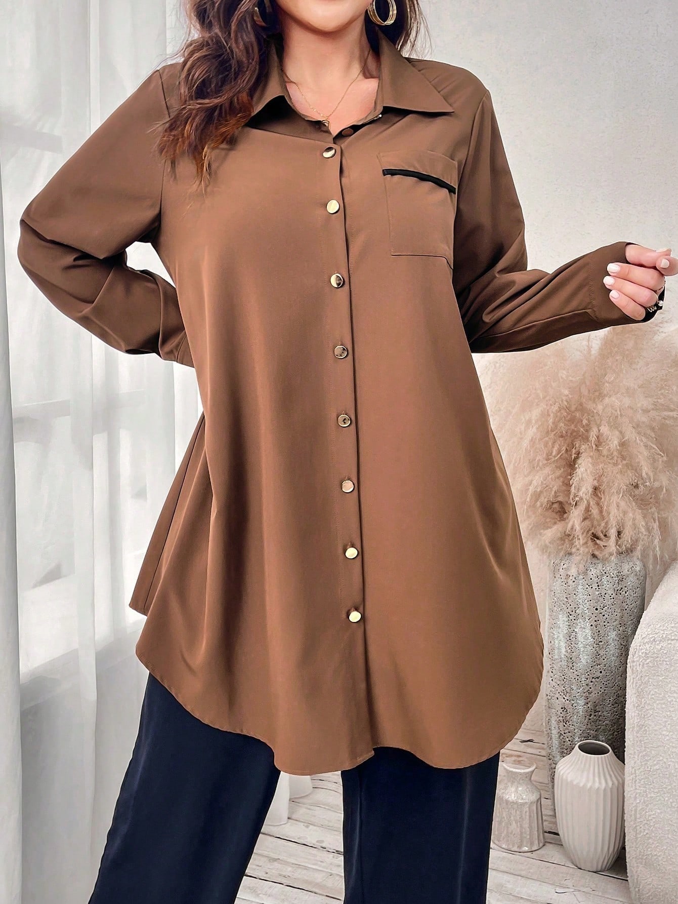 Акція на Сорочка оверсайз жіноча SHEIN GD-00132714 4XL Коричнева від Rozetka