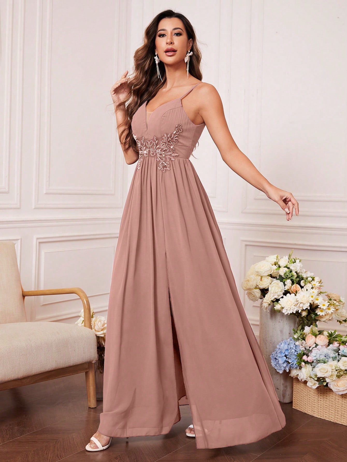 Акція на Сукня вечірня довга жіноча SHEIN GD-00158193 L Світло-рожева від Rozetka