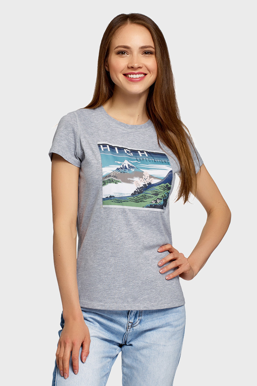 

Женская серая футболка с принтом Oodji  14701078-14/44135N/2073Z, Женская серая футболка с принтом Oodji XL 14701078-14/44135N/2073Z