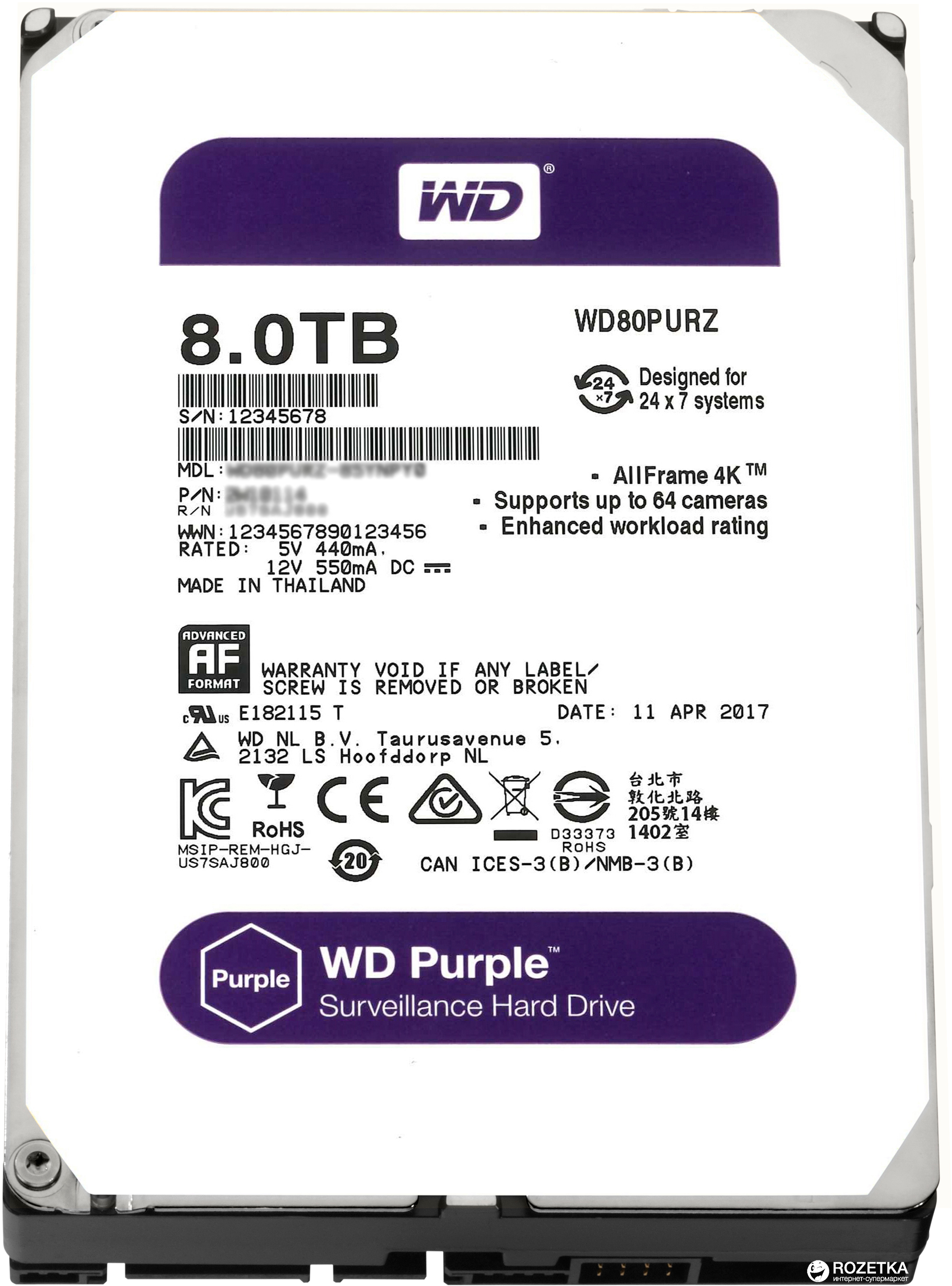 

Жесткий диск Western Digital Purple 8TB 256MB 5400rpm WD81PURZ 3.5 SATA III