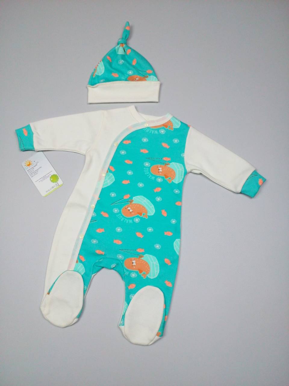 

Комплект человечек + шапочка HappyTot Морж 966 62см молочно-бирюзовый