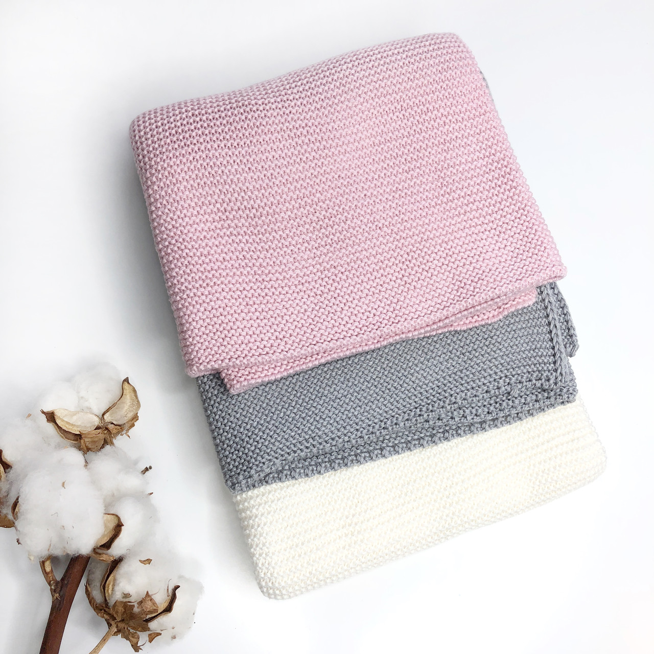 

Плед вязаный для новорожденного My blanket Трио хлопок 80х 100 см розовый серый молочный