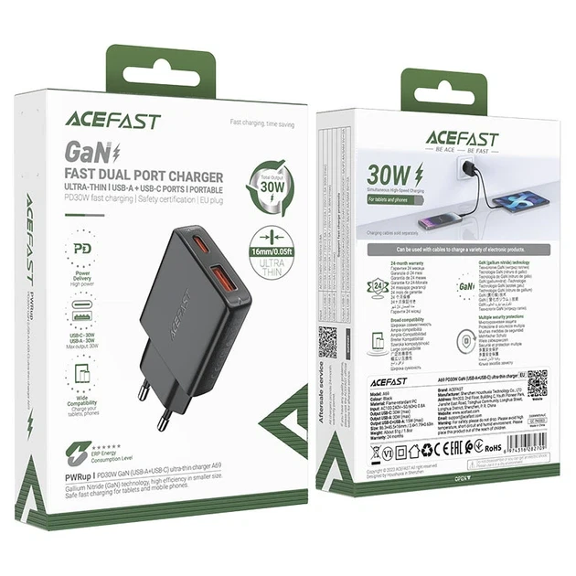 Адаптер Acefast A69 PD30W GaN USB-A + USB-C Ultra-Thin
