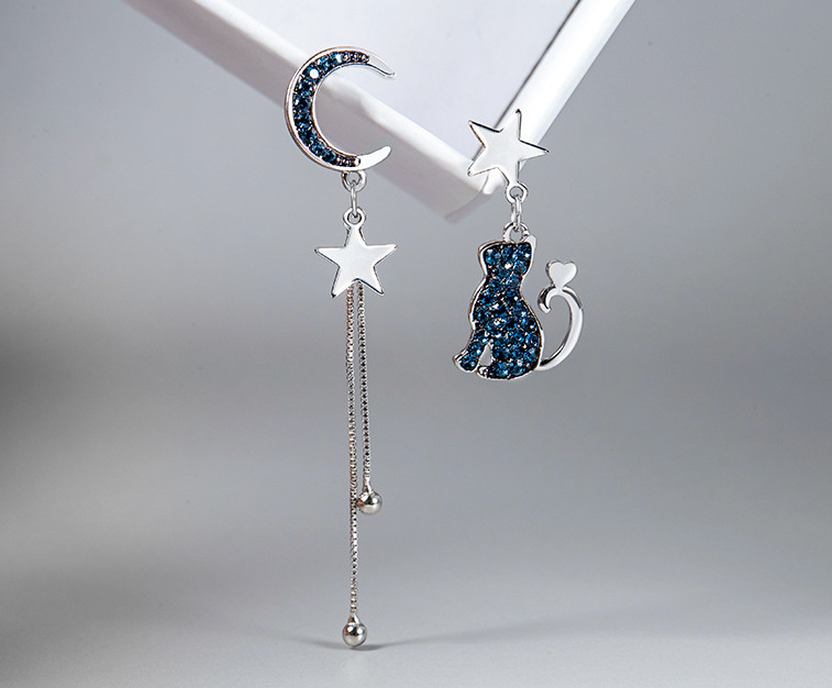 

Серебряные Серьги City-A из Медицинской стали, игла из Серебра 925 с Луной Звездой и Котом №3035