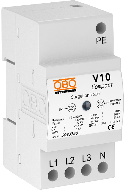 

ПЗІП OBO 2+3 V10 Compact 255 60 кА 20 кА 0.7 кВ