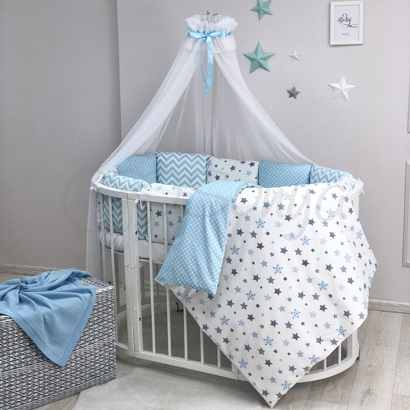 

Постельный комплект в детскую кроватку с балдахином (7 пр.) Baby Design Stars серо-голубой