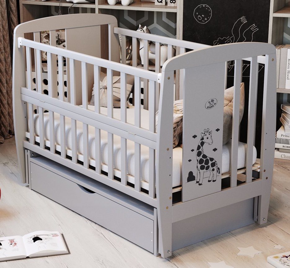 

Кровать Babyroom Жирафик маятник, ящик, откидной бок бук серый