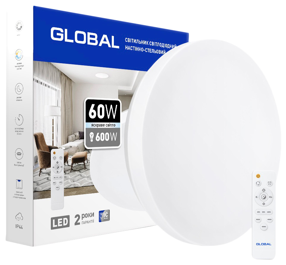 

Светильник настенно-потолочный Global CCT 60 Вт 3000-6500 K IP45 (1-GFN-60TW-01-C)