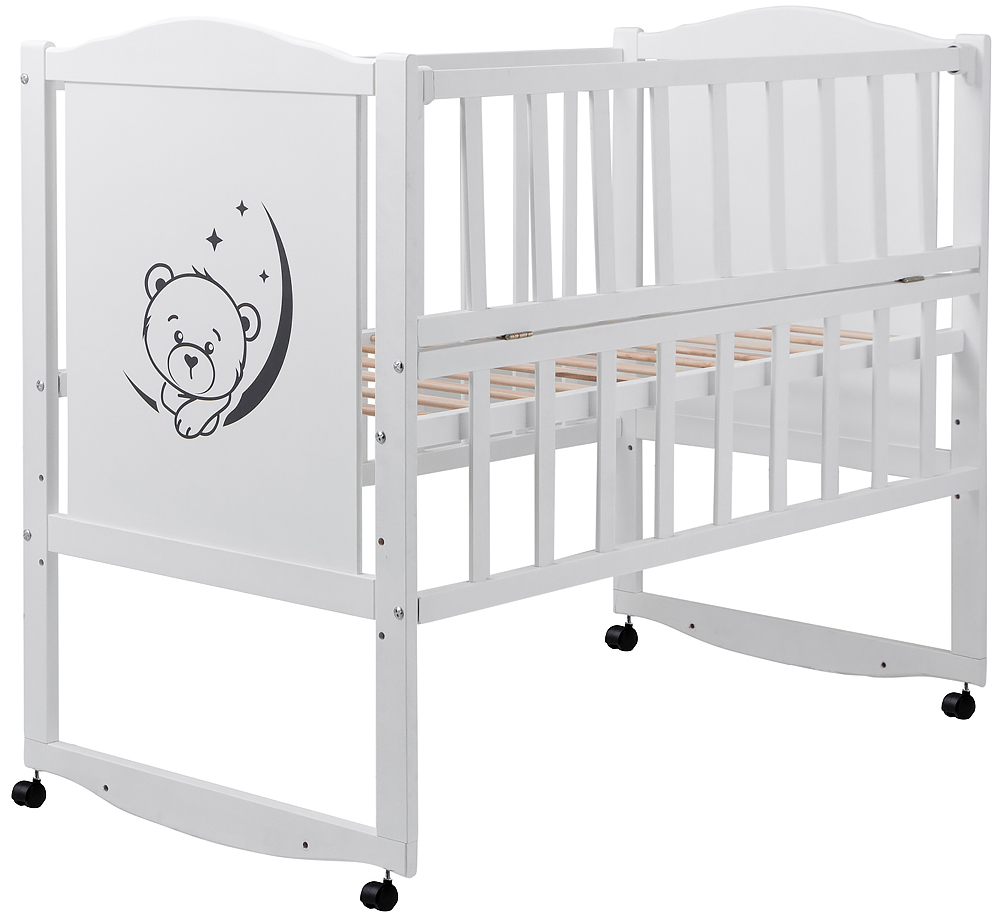 

Детская кровать Babyroom Тедди T-01 фигурное быльце, откидной бок, колеса белый. 31009