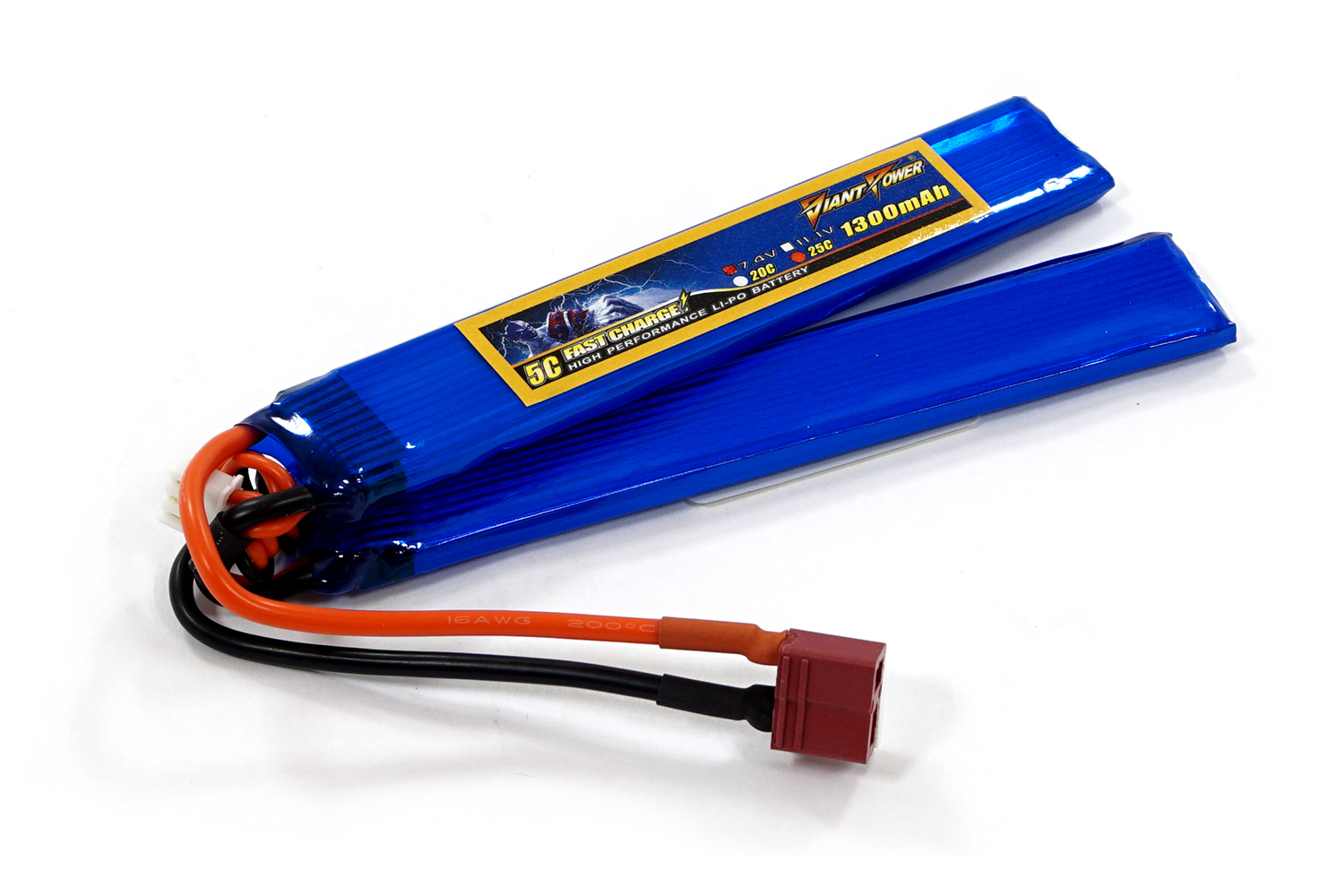 

Аккумулятор полимерно-литиевый для страйкбола Giant Power (Dinogy) Li-Pol 7.4V 2S 1300mAh 25C 2 лепестка 6.5х21х130мм T-Plug 29843
