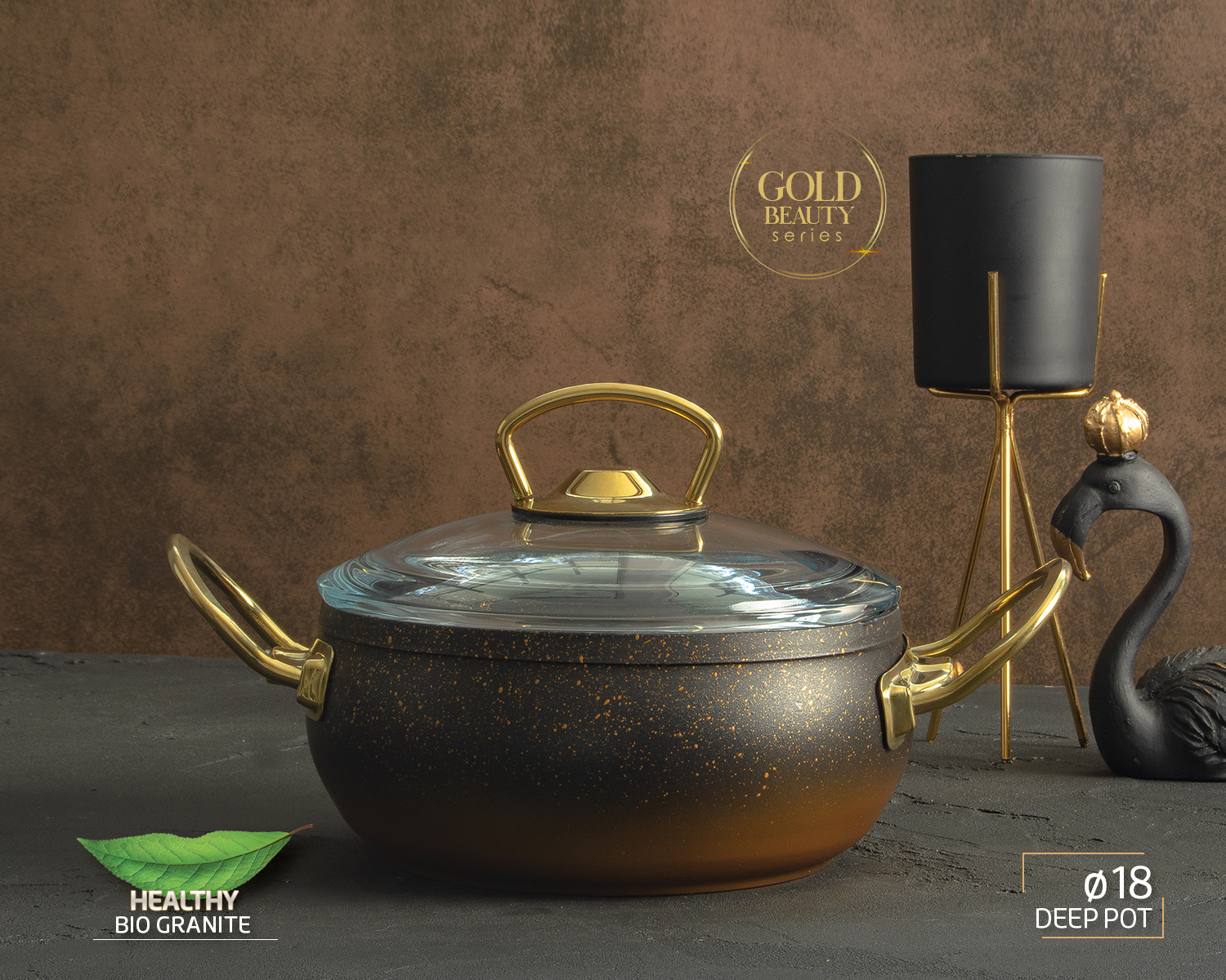 

Кастрюля Casa Royal Gold Beauty с антипригарным покрытием Bio Granit 18 см Черная с золотым