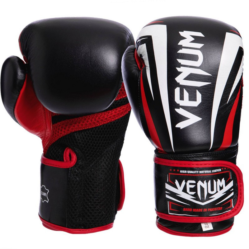 

Рукавиці боксерські шкіряні VENUM SHARP На липучці Чорний-червоний (VL-2032) 12 унцій