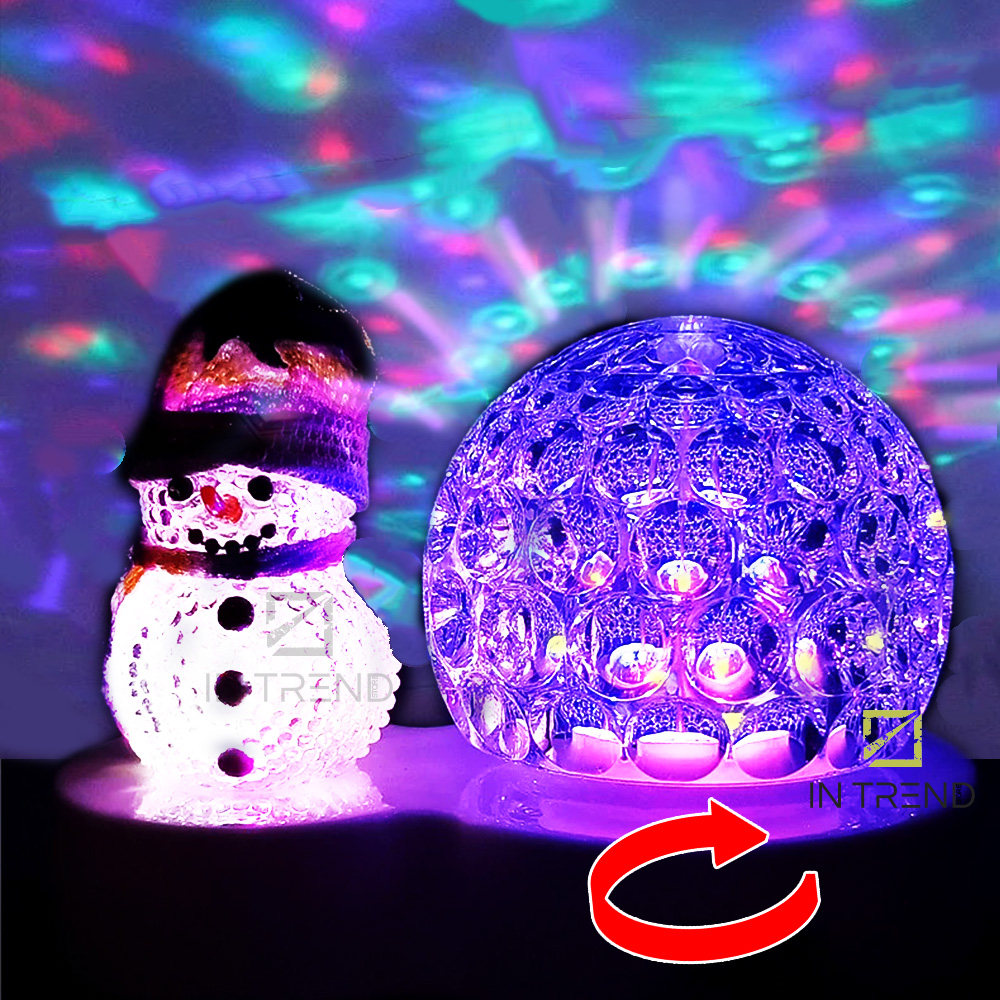 

Светодиодный шар лампа вращающаяся Снеговик LED Christmas Light шар с подсветкой RGB рассеивает лучи по всему помещению - праздничное освещение для дома - питание от сети