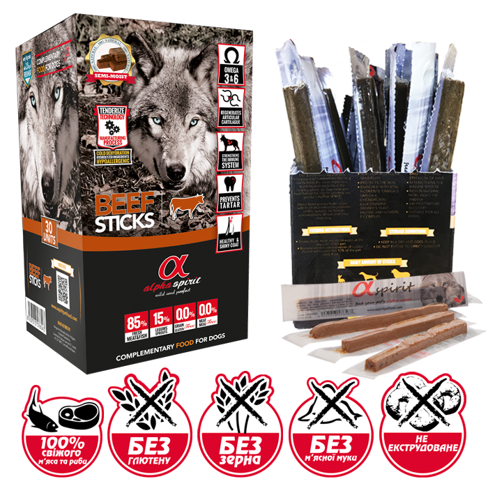 

Палочки лакомства с говядиной для собак Alpha Spirit Beef Sticks Альфа Спирит 30 шт
