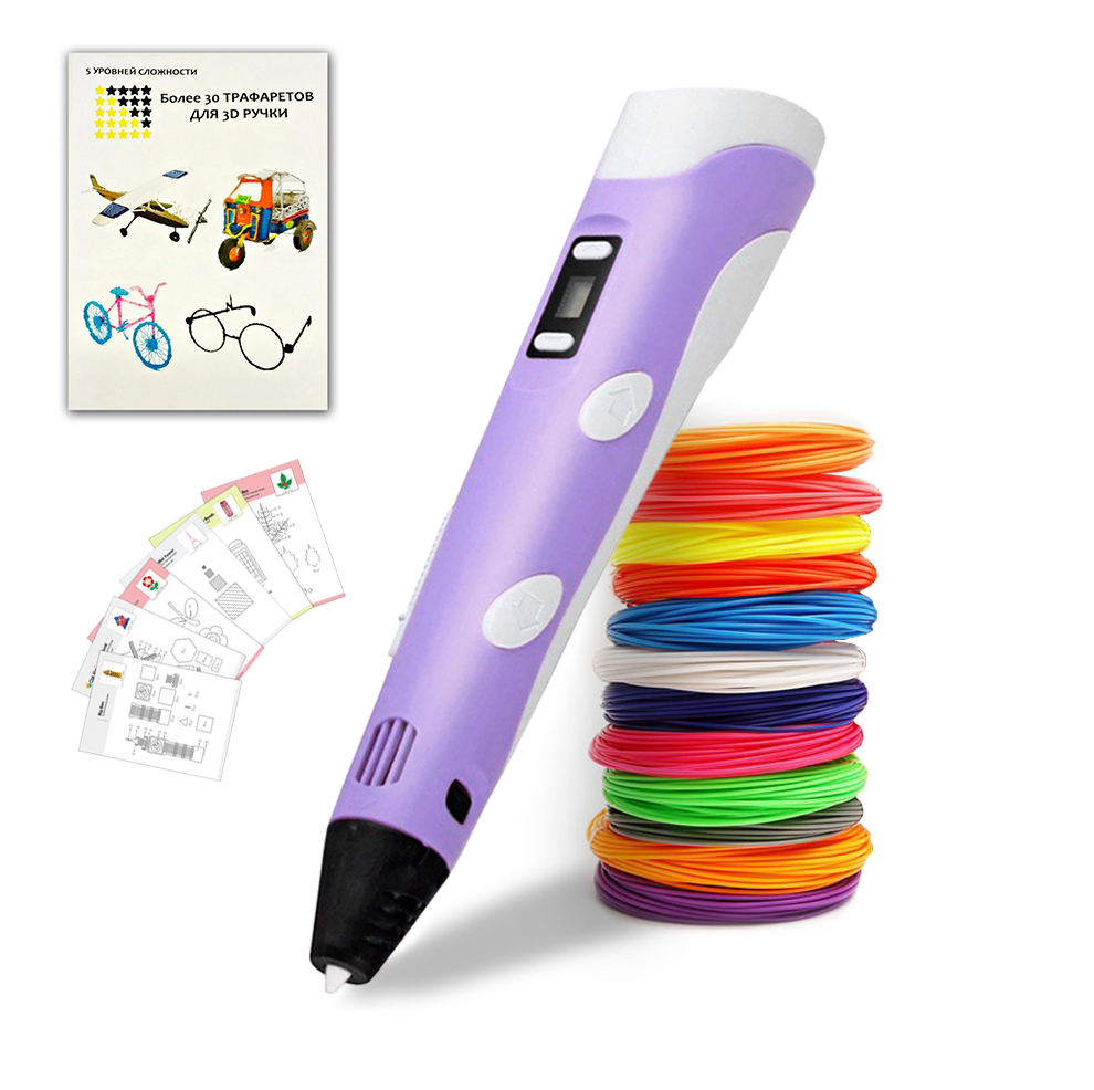 

3D-ручка с дисплеем 3D Pen 2 с комплектом пластика 120 м., набором трафаретов Розовая (mn-1208)