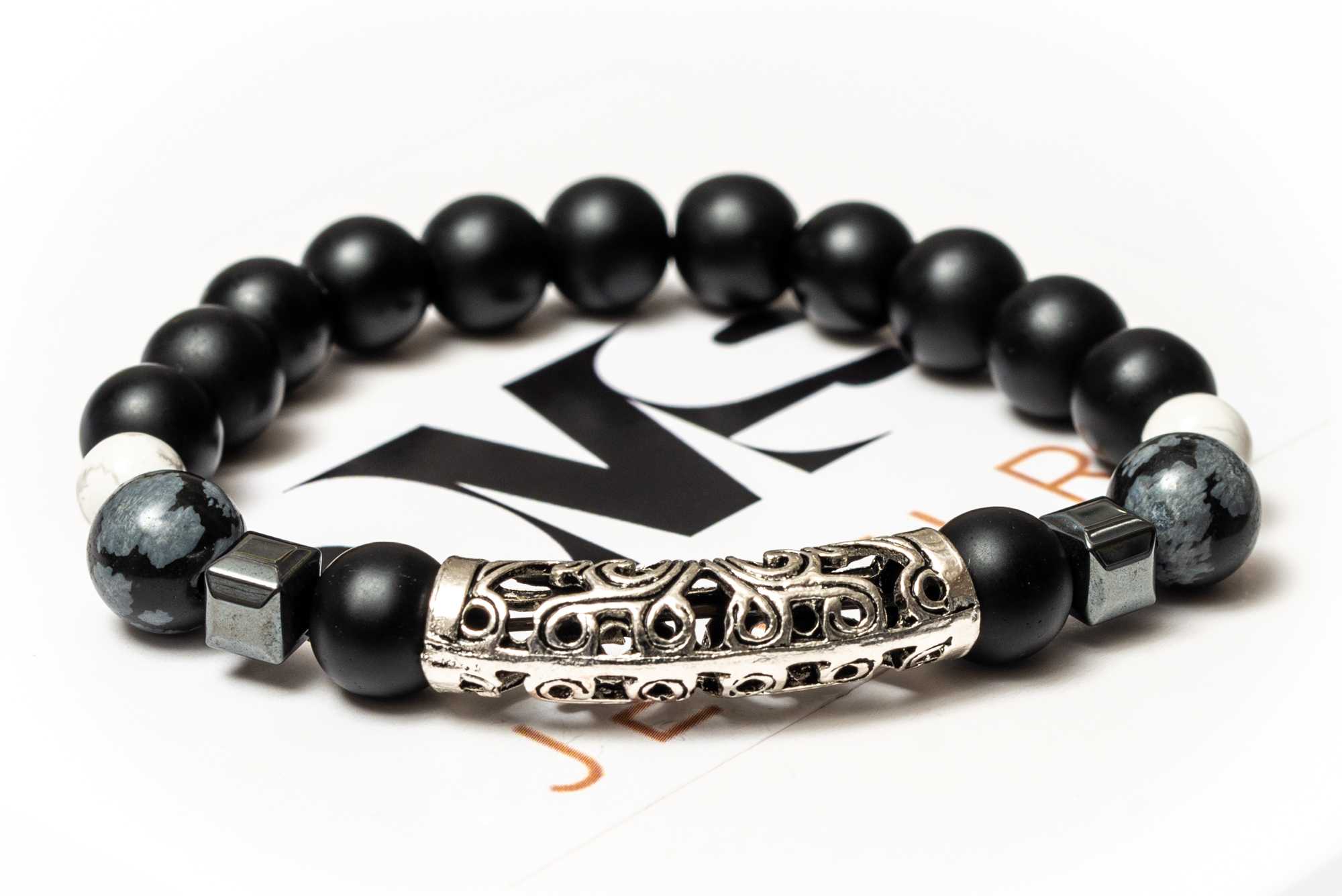 

Браслет мужской DMS Jewelry из шунгита, обсидиана, кахолонга B&W METAL STYLE