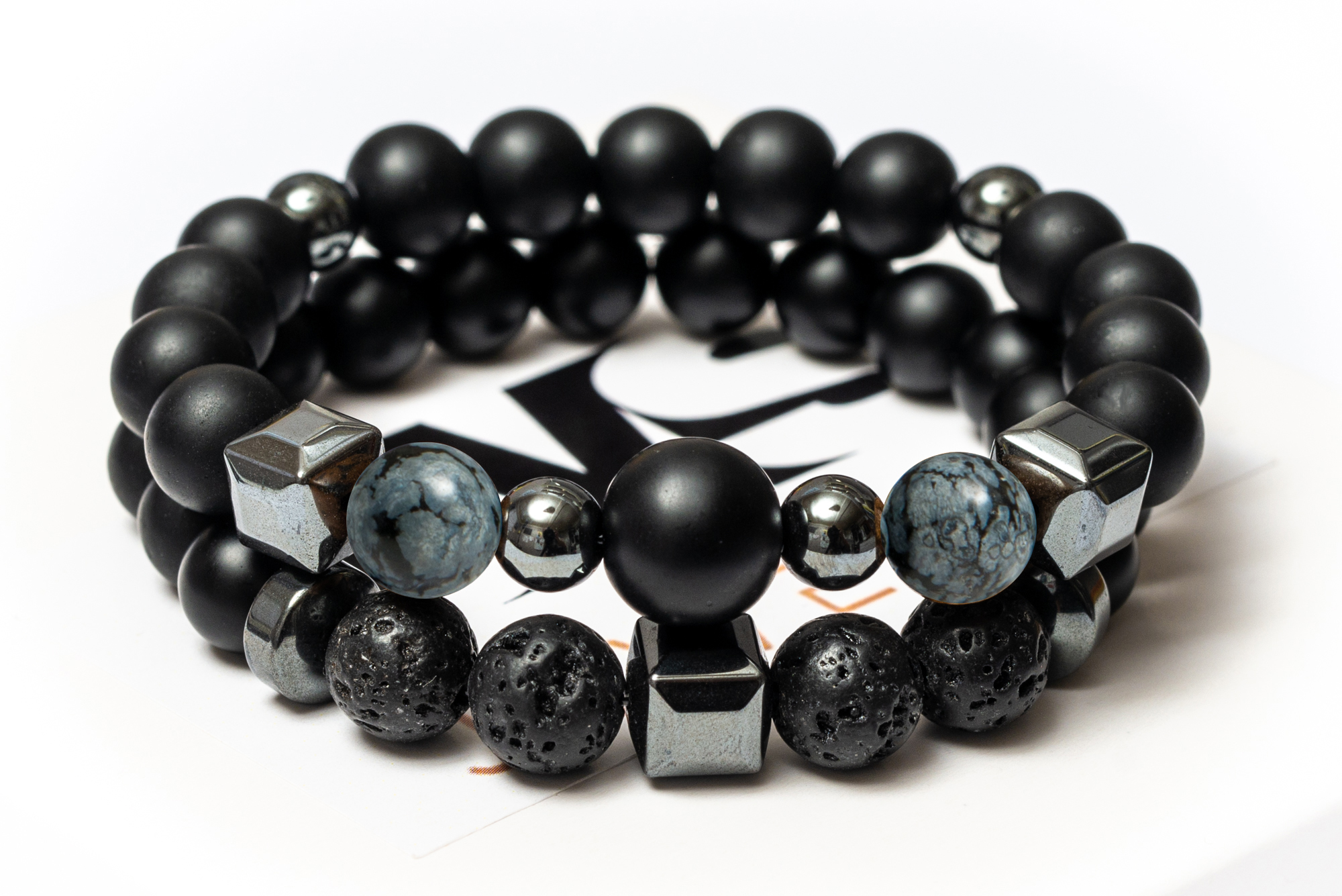 

Парные браслеты мужские DMS Jewelry из шунгита, обсидиана, лавового камня BIG STONE & GREY