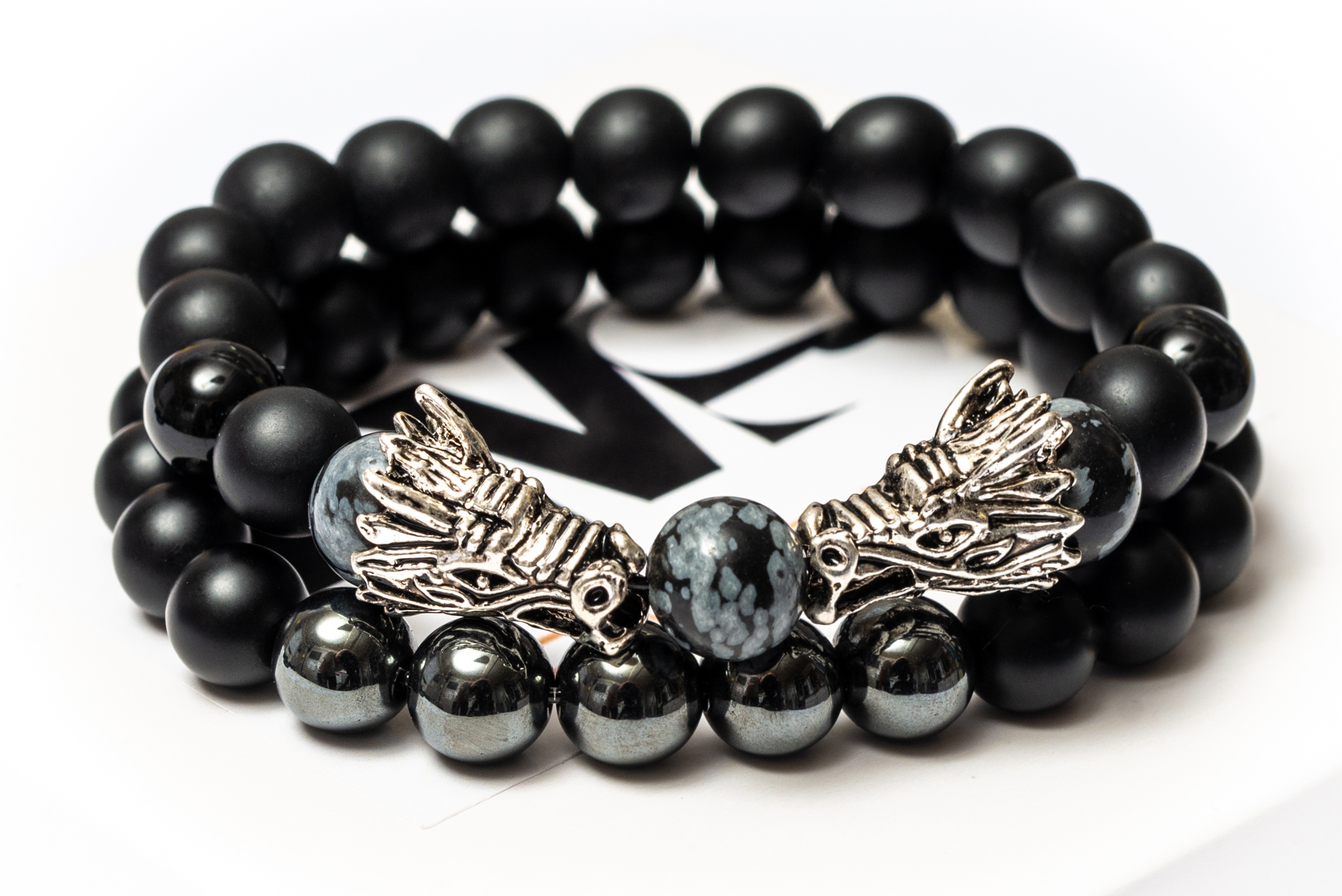 

Парные браслеты мужские DMS Jewelry из шунгита, обсидиана, агата KISS OF THE DRAGON