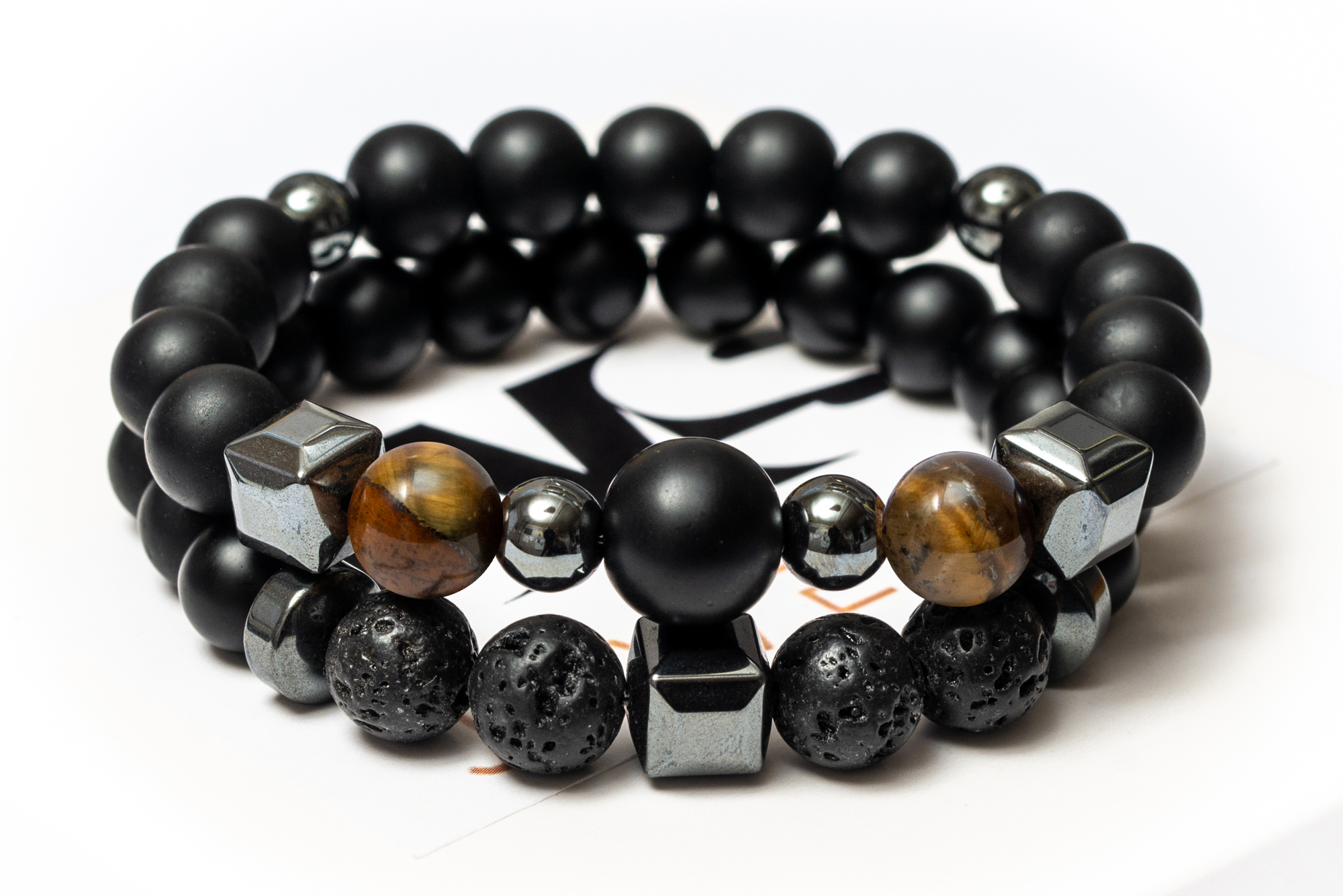 

Парные браслеты мужские DMS Jewelry из шунгита, лавового камня, тигрового глаза BIG STONE & BROWN