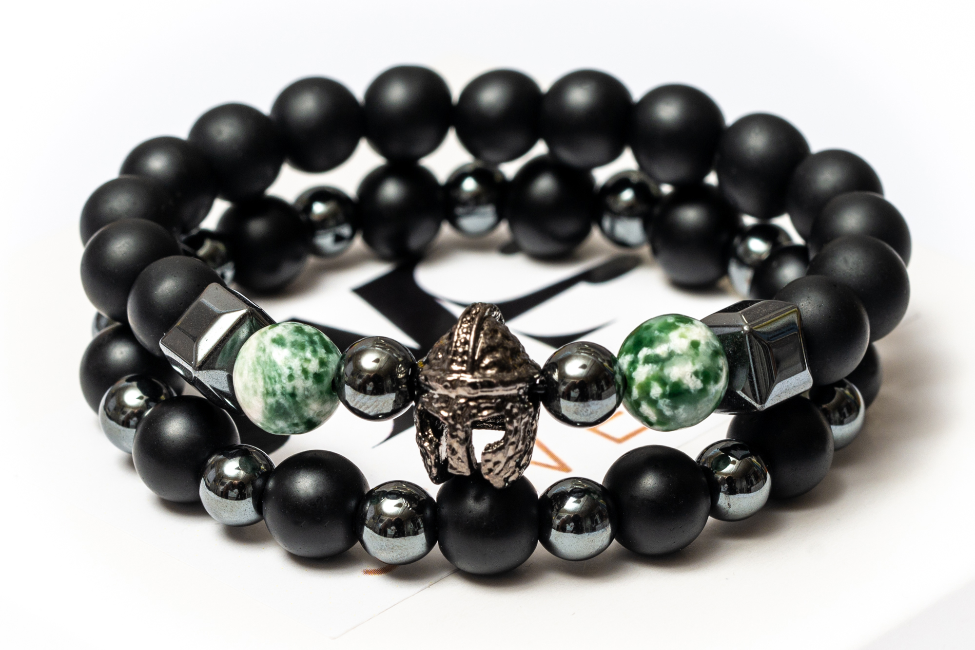 

Парные браслеты мужские DMS Jewelry из шунгита, гематита, агата GREEN AGATE KNIGHT