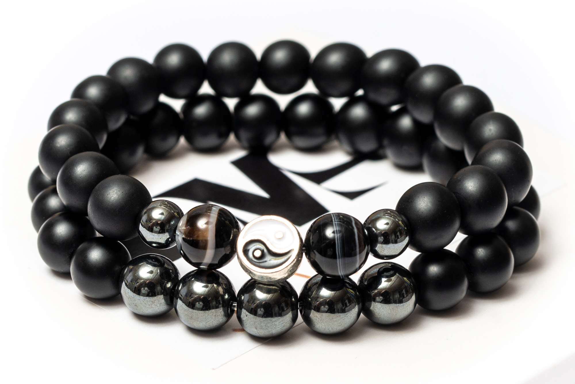 

Парные браслеты мужские DMS Jewelry из шунгита, гематита, агата HARMONY YIN YAN