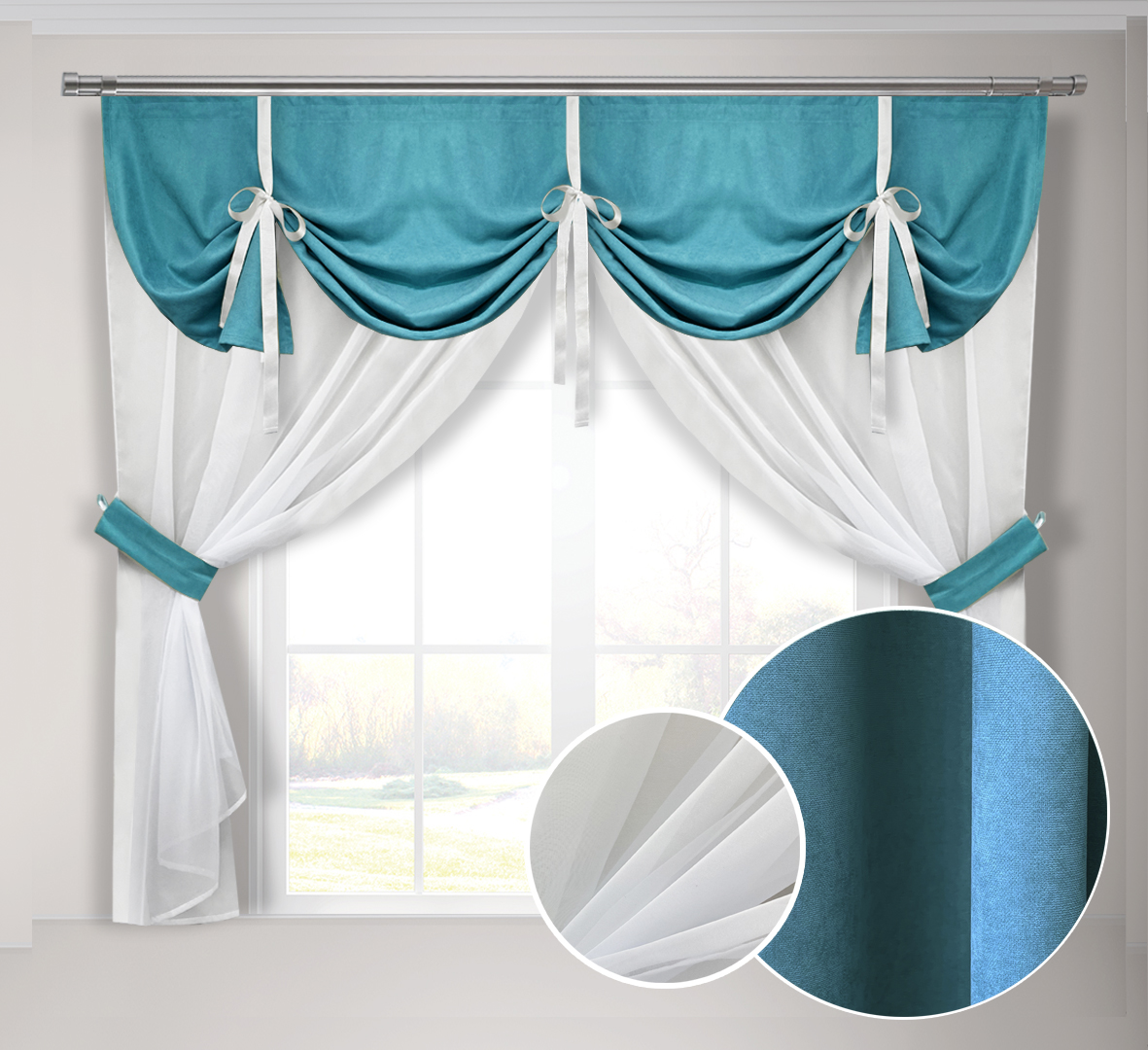 

Кухонная занавеска бирюзовая Adagio Windows Decor с ламбрекеном в размере 2х1,7м