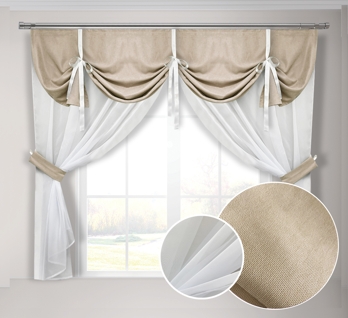 

Кухонная занавеска светло-бежевая Adagio Windows Decor с ламбрекеном в размере 2х1,7м