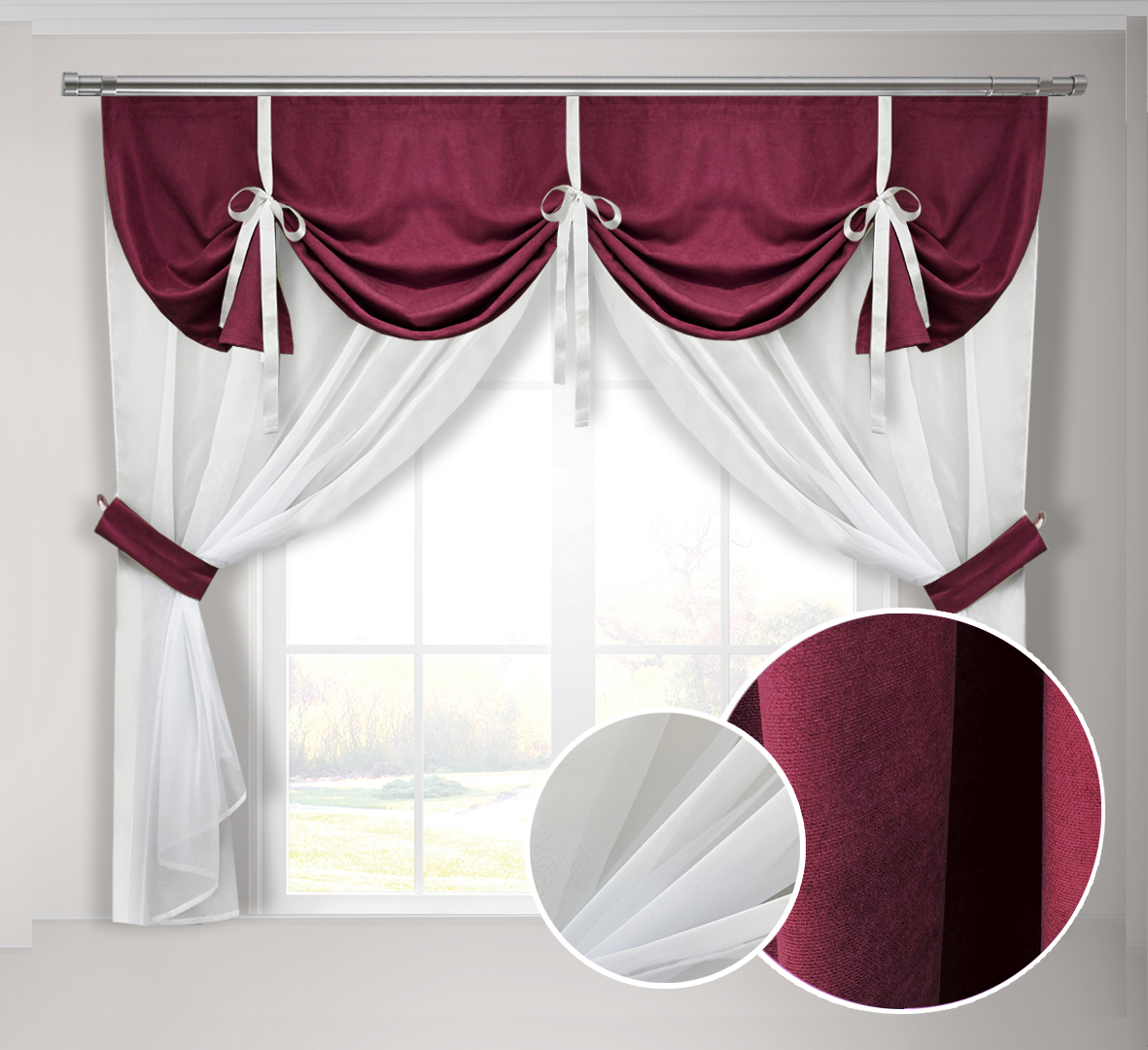 

Кухонная занавеска бордовая Adagio Windows Decor с ламбрекеном в размере 2х1,7м