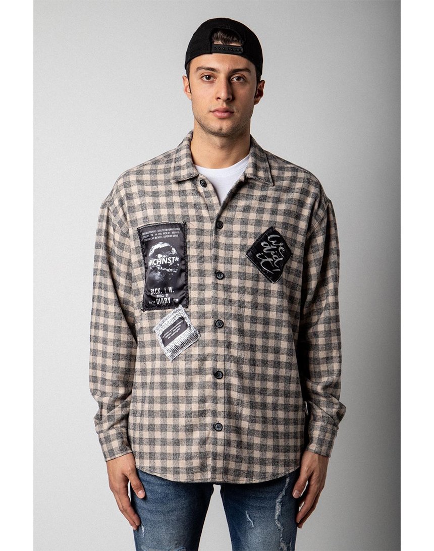 

Мужская рубашка Machinist клетчатая с нашивками серо-песочная M (G519 gray/beige)