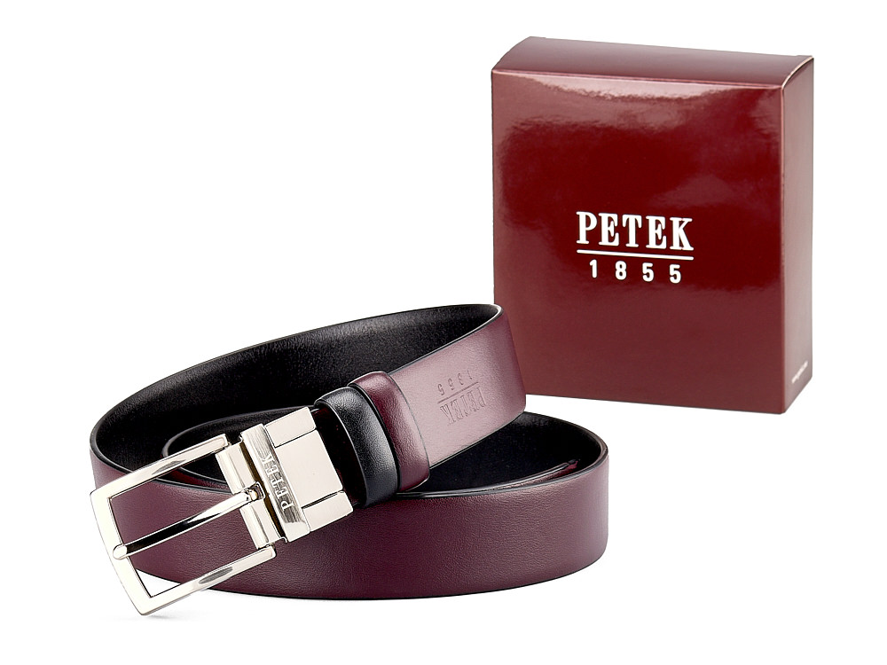 

Двухсторонний мужской ремень из натуральной кожи Petek 1855 3500009004 (000-01/000-03) чёрный/бордовый