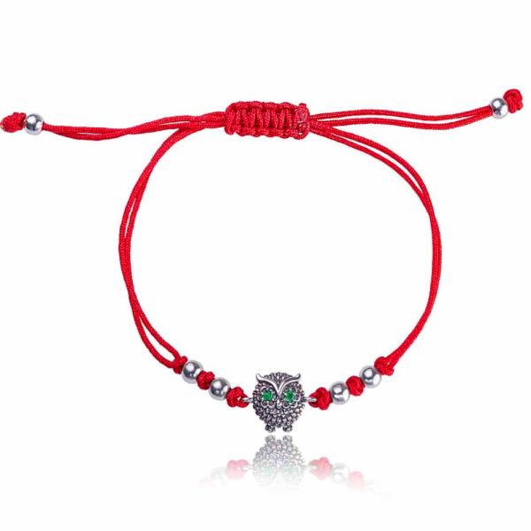 

Серебряный браслет с красной нитью и фианитами "Сова"
