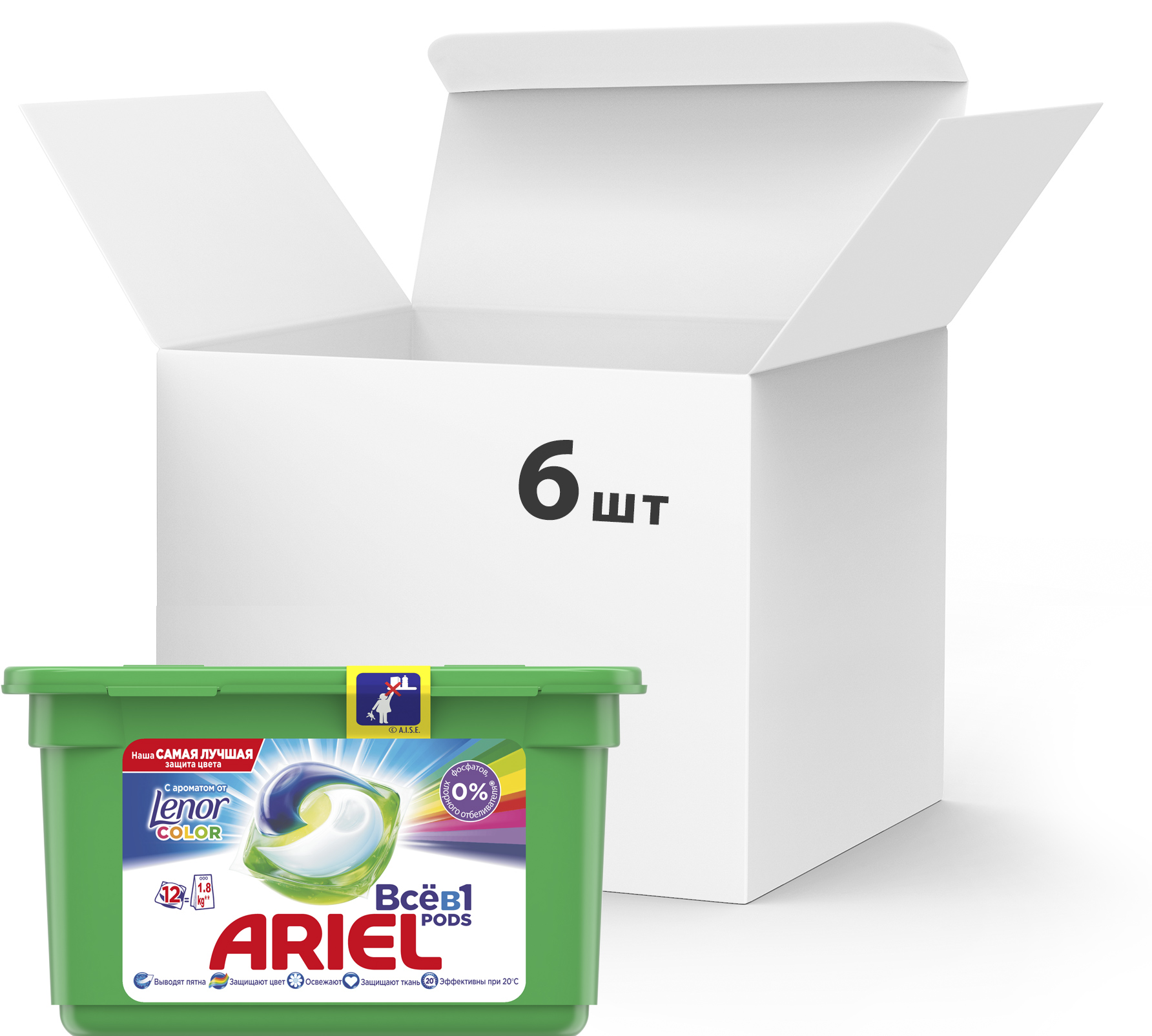 

Упаковка капсул для стирки Ariel Pods Все в 1 Touch Of Lenor Fresh Color 12 шт x 6 контейнеров