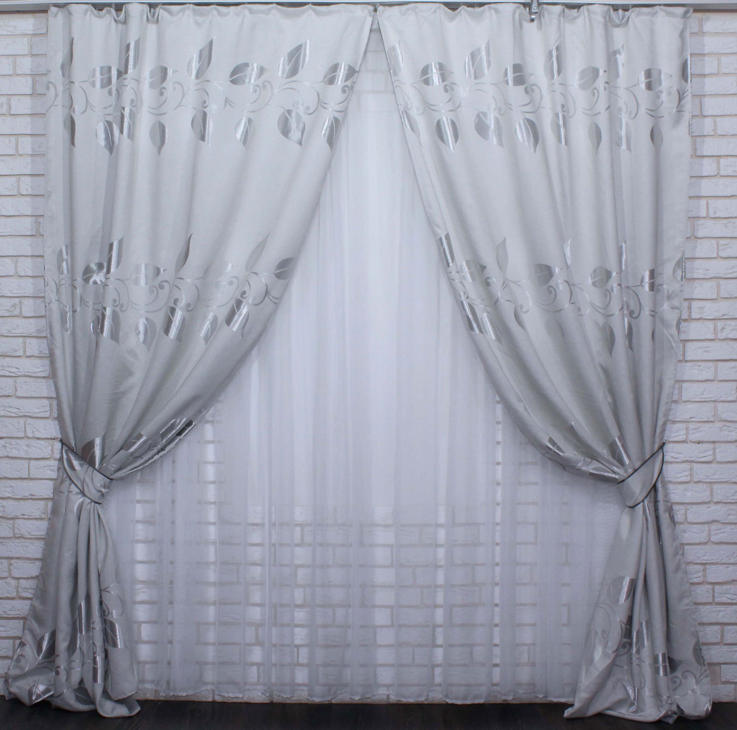 

Шторы VR-Textil с узором листья серые 2 шт 1,5 × 2,7 м (2059)