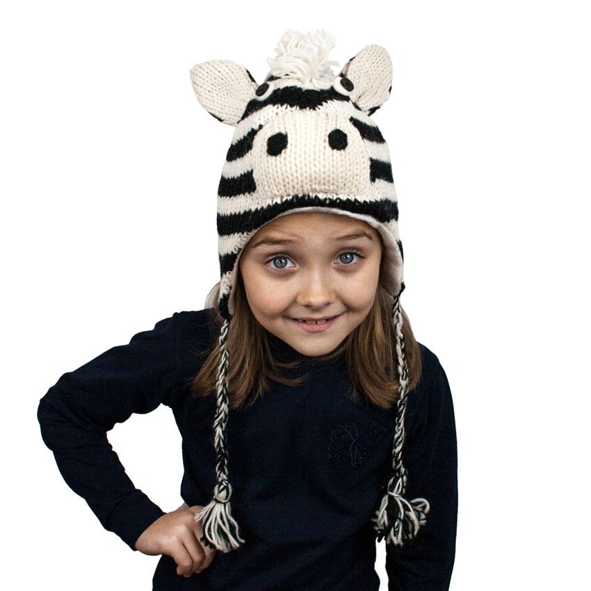 

Шапка с ушками детская Animals Зебра Zebra Kathmandu Ручная работа 100% шерсть яка 40-42 см Белый Чёрный